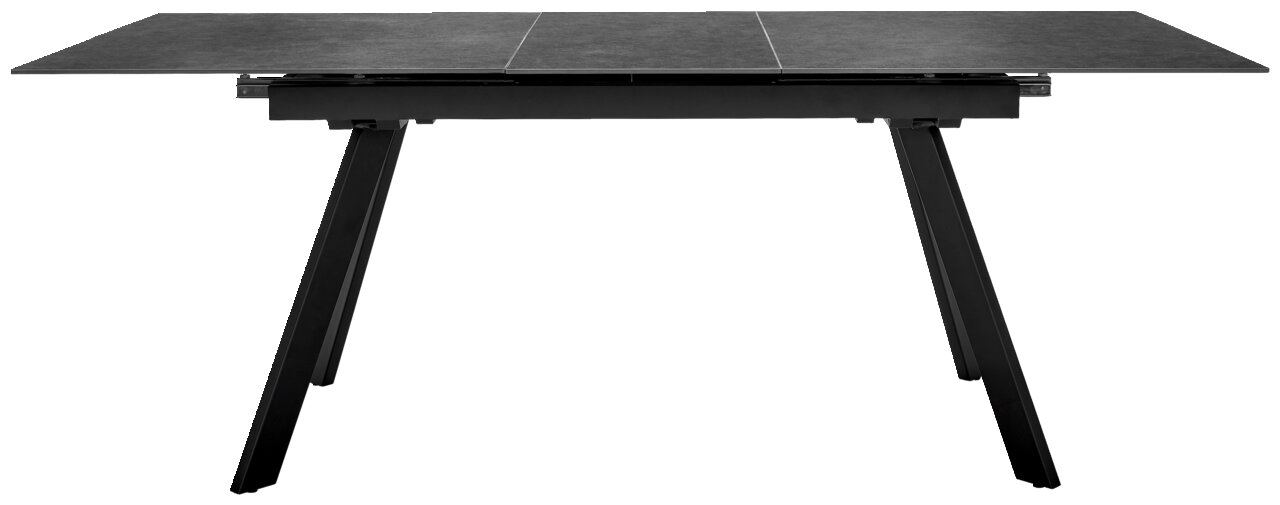 Moderner Esstisch mit schwarzer Tischplatte und schrägen Beinen, seitliche Perspektive