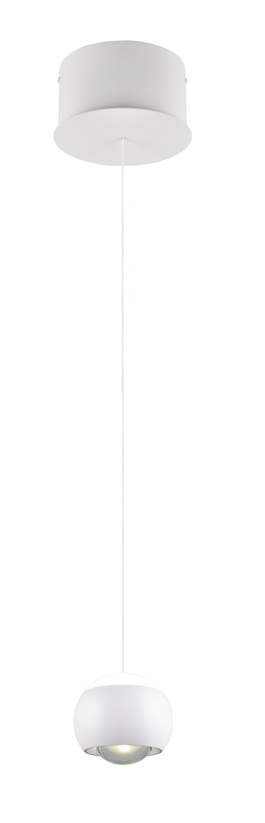 Moderne weiße Pendelleuchte mit rundem Lampenschirm, von unten betrachtet.