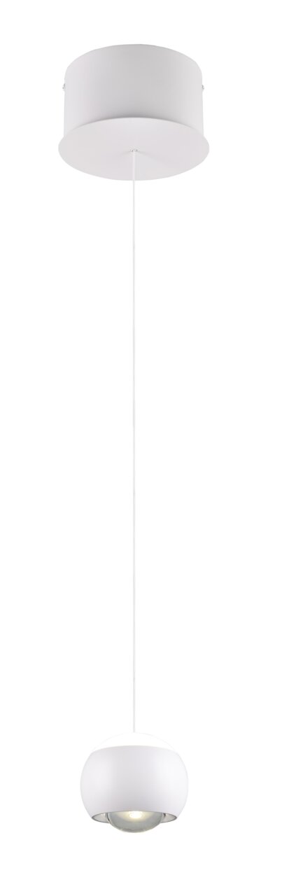 Moderne weiße Pendelleuchte mit rundem Lampenschirm, von unten betrachtet.