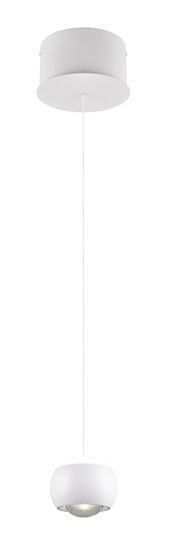 Moderne weiße Pendelleuchte mit rundem Lampenschirm, von unten betrachtet.