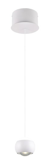 Moderne weiße Pendelleuchte mit rundem Lampenschirm, von unten betrachtet.