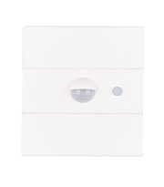 Frontansicht einer weißen LED-Solar-Außenwandleuchte mit Bewegungssensor und Schalter.