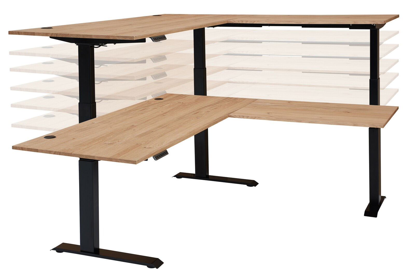 Höhenverstellbarer E-Eckschreibtisch mit Holzfurnier, seitliche Perspektive