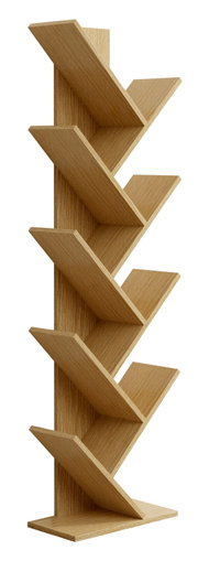 Modernes, freistehendes Bücherregal aus hellem Holz mit schräg angeordneten Ablagen in Zickzack-Form, seitliche Perspektive auf weißem Hintergrund