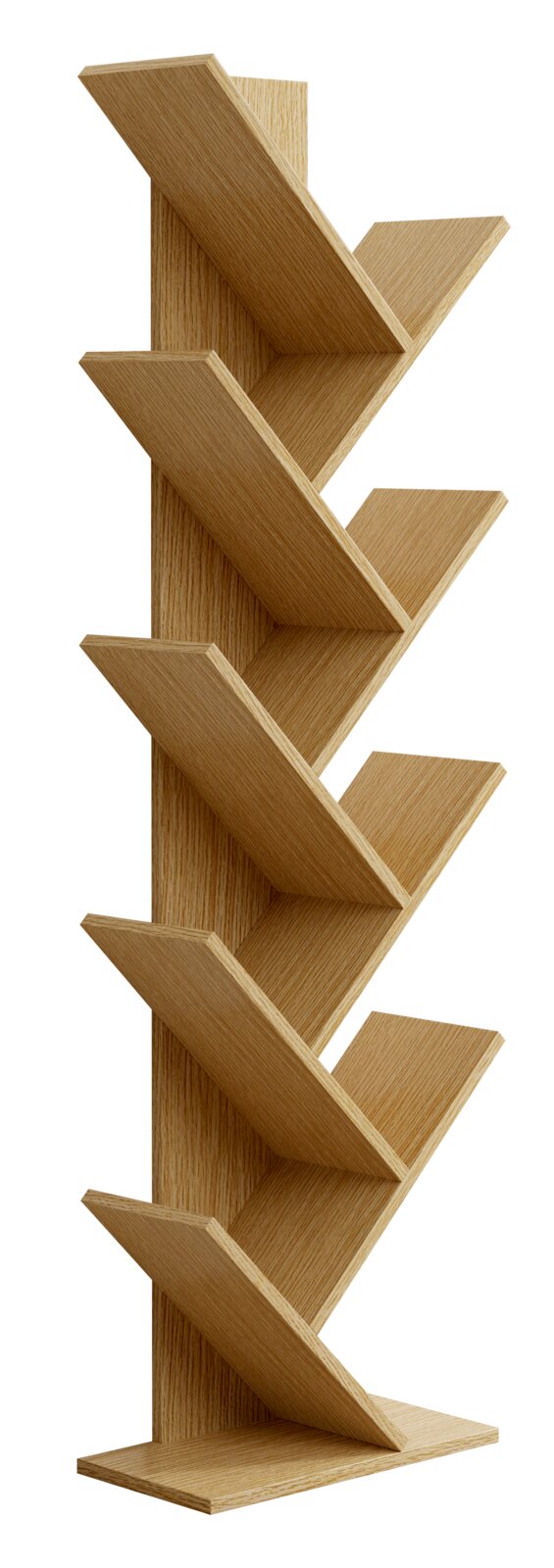 Modernes, freistehendes Bücherregal aus hellem Holz mit schräg angeordneten Ablagen in Zickzack-Form, seitliche Perspektive auf weißem Hintergrund