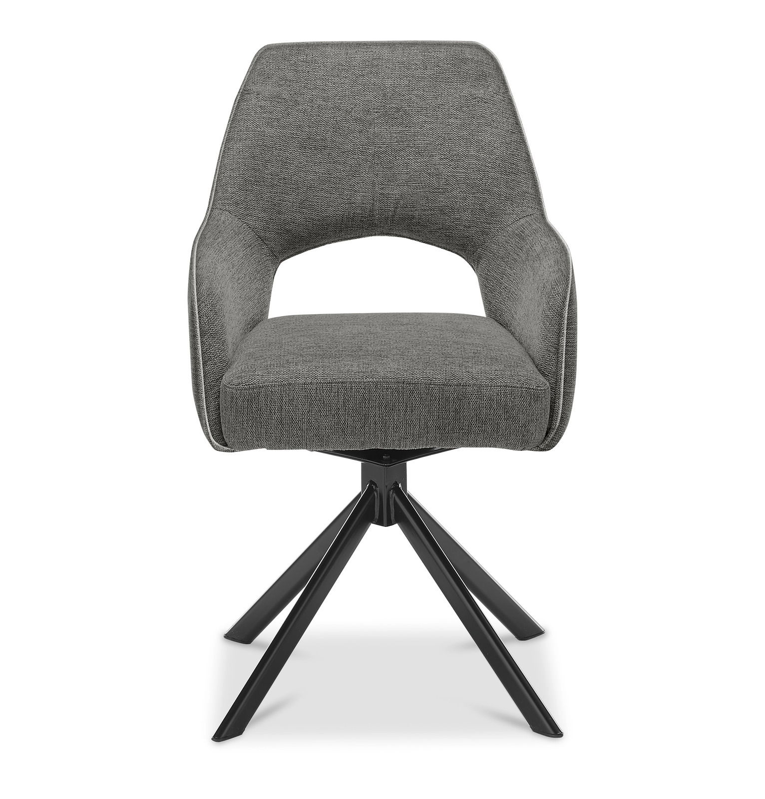 Grauer Armlehnstuhl mit schwarzem Metallgestell, Vorderansicht