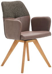 Moderner Armlehnstuhl mit braunem Polster und Holzbeinen, seitliche Perspektive