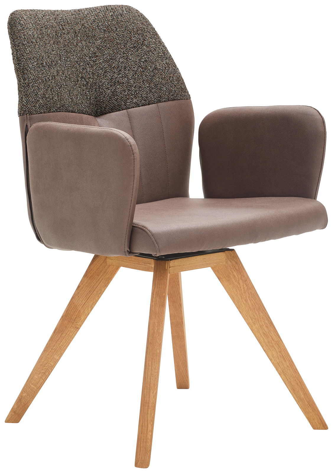 Moderner Armlehnstuhl mit braunem Polster und Holzbeinen, seitliche Perspektive