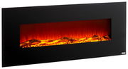 Moderner Elektrokamin mit schwarzem Rahmen und realistischem Flammeneffekt, seitliche Perspektive
