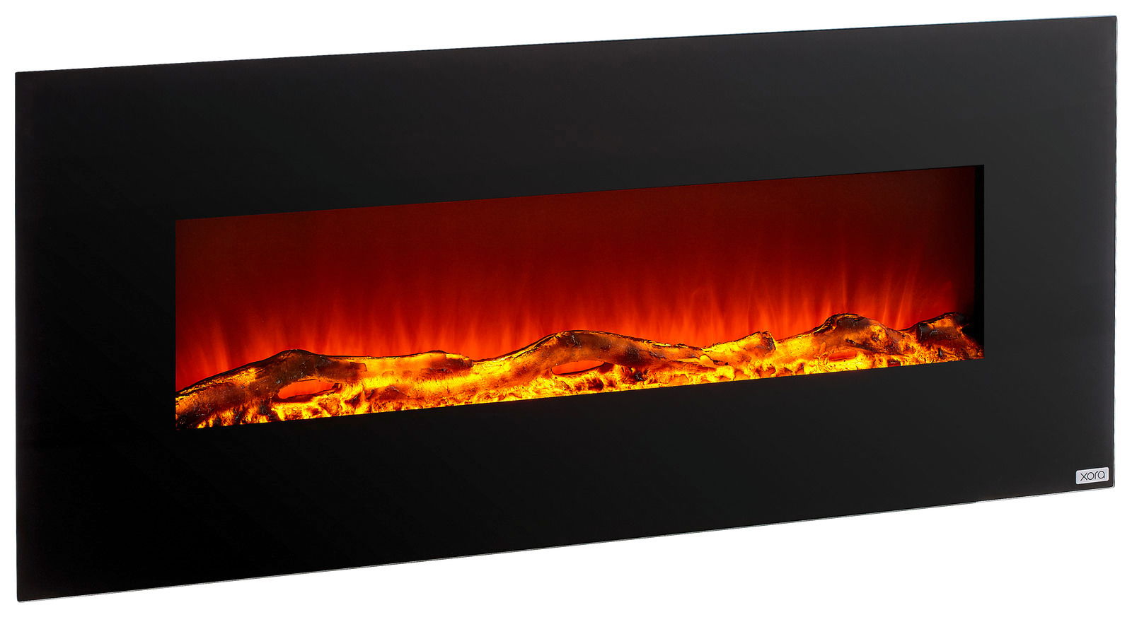 Moderner Elektrokamin mit schwarzem Rahmen und realistischem Flammeneffekt, seitliche Perspektive