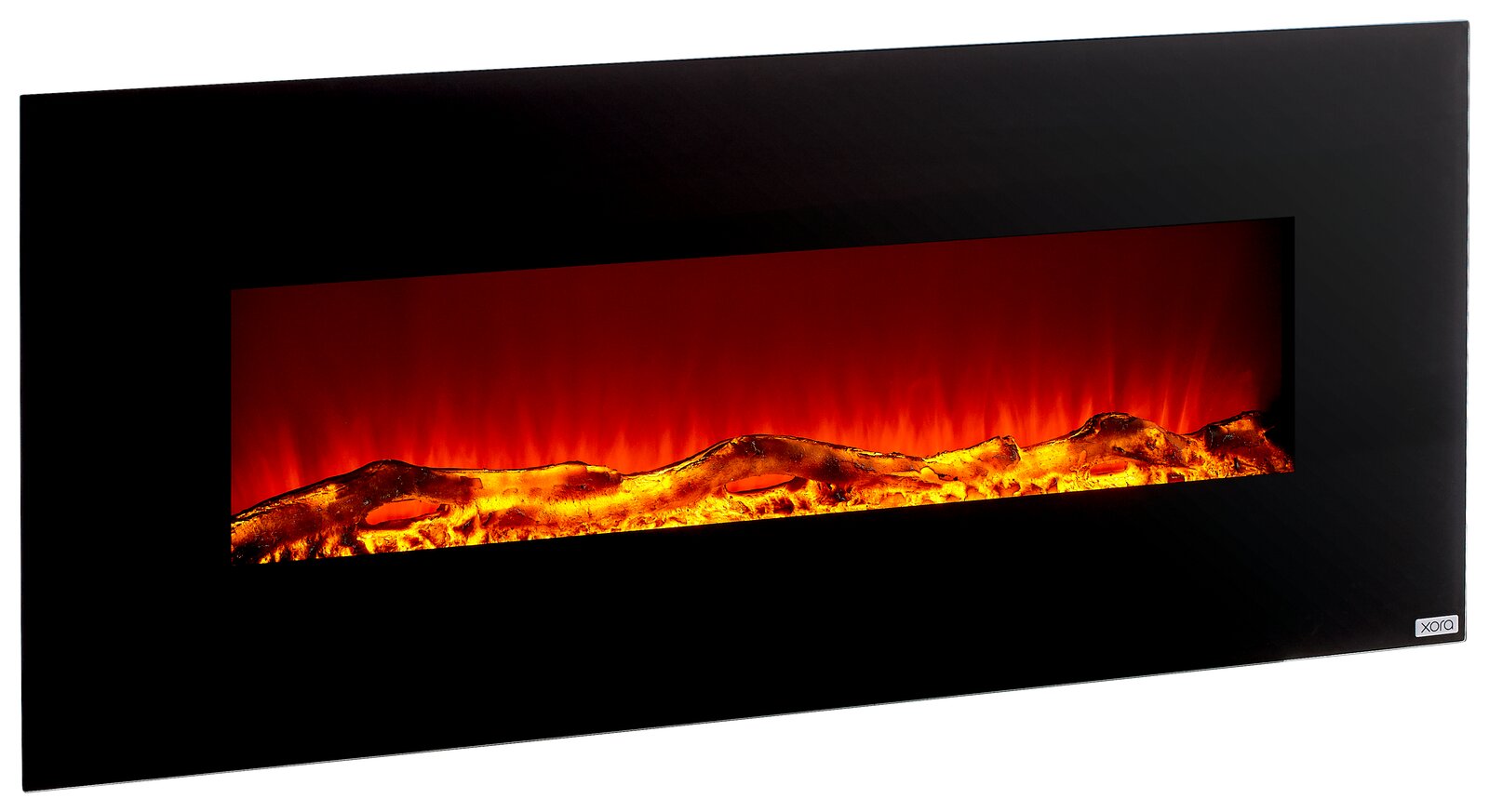 Moderner Elektrokamin mit schwarzem Rahmen und realistischem Flammeneffekt, seitliche Perspektive