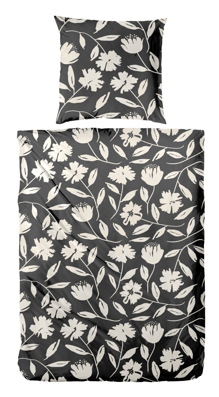 Bettwäsche-Set mit floralem Muster in Schwarz-Weiß, Draufsicht