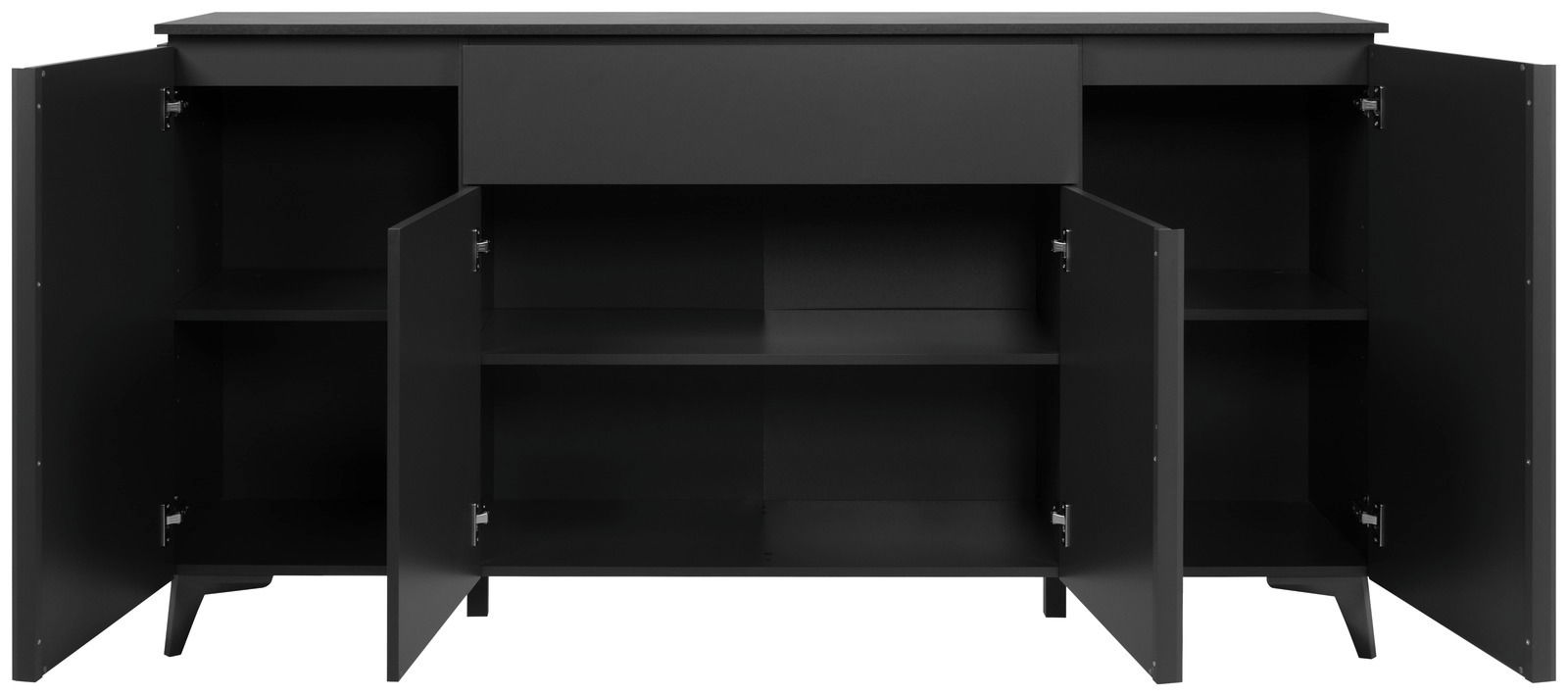 Schwarzes Sideboard mit offenen Türen, Frontalansicht