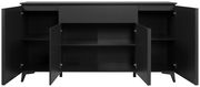 Schwarzes Sideboard mit offenen Türen, Frontalansicht