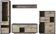 Frontale Ansicht der Wandkombination ORLANDO von Zurbrüggen, bestehend aus einem hohen Schrank mit Glastür, einem TV-Board und einem Regal, in Holzoptik mit dunklen Akzenten.