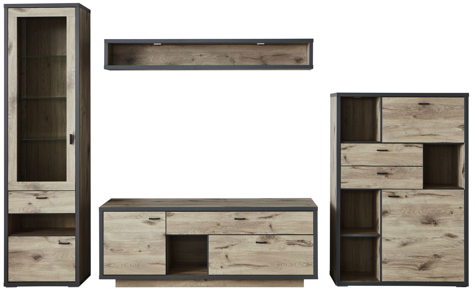 Frontale Ansicht der Wandkombination ORLANDO von Zurbrüggen, bestehend aus einem hohen Schrank mit Glastür, einem TV-Board und einem Regal, in Holzoptik mit dunklen Akzenten.