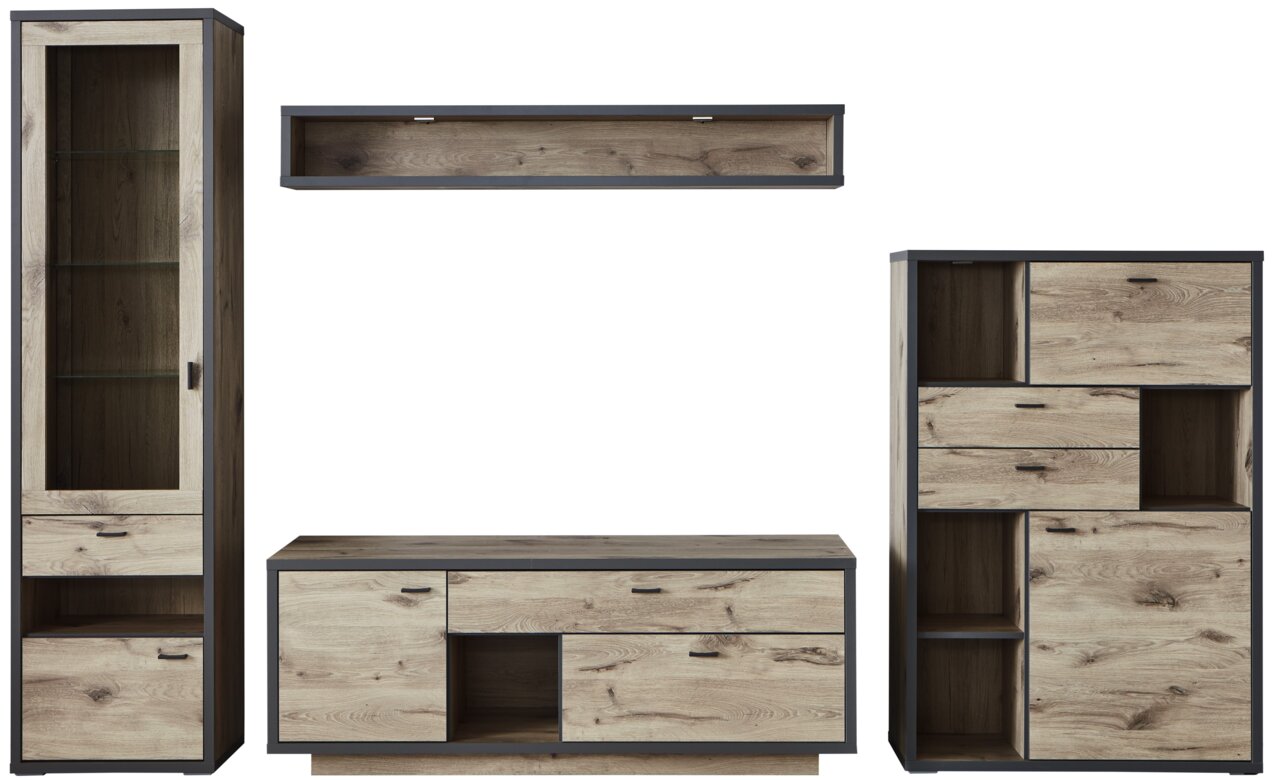 Frontale Ansicht der Wandkombination ORLANDO von Zurbrüggen, bestehend aus einem hohen Schrank mit Glastür, einem TV-Board und einem Regal, in Holzoptik mit dunklen Akzenten.