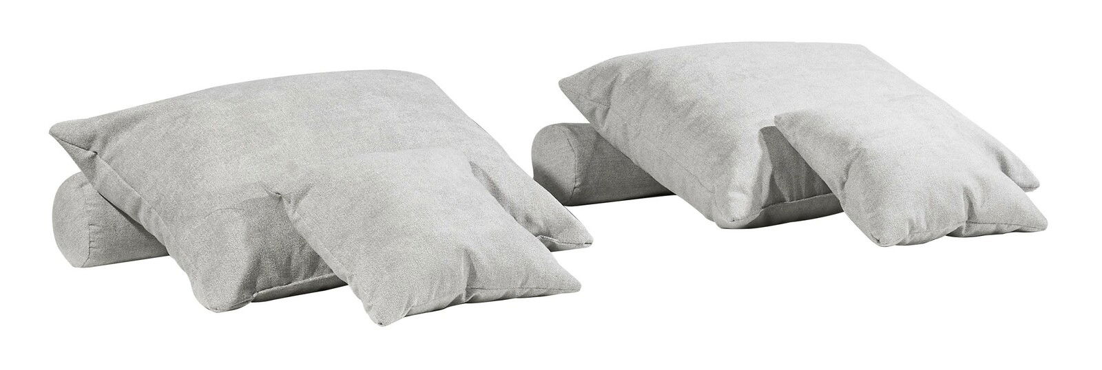 Esposa Kissen-Set 6-teilig TAVERNA Zwei graue Kissen-Sets, bestehend aus jeweils drei Kissen in verschiedenen Größen, auf einer weißen Fläche. Die Kissen sind in einer seitlichen Perspektive angeordnet.