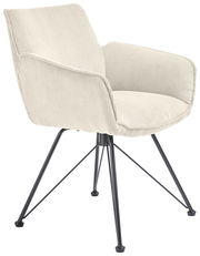 Moderner Armlehnstuhl mit hellgrauem Stoffbezug und schwarzen Metallbeinen, seitliche Perspektive