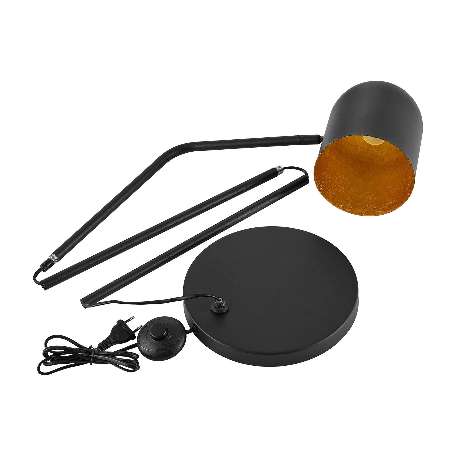 Zwarte staande lamp met ronde voet en verstelbare arm, gezien van bovenaf.