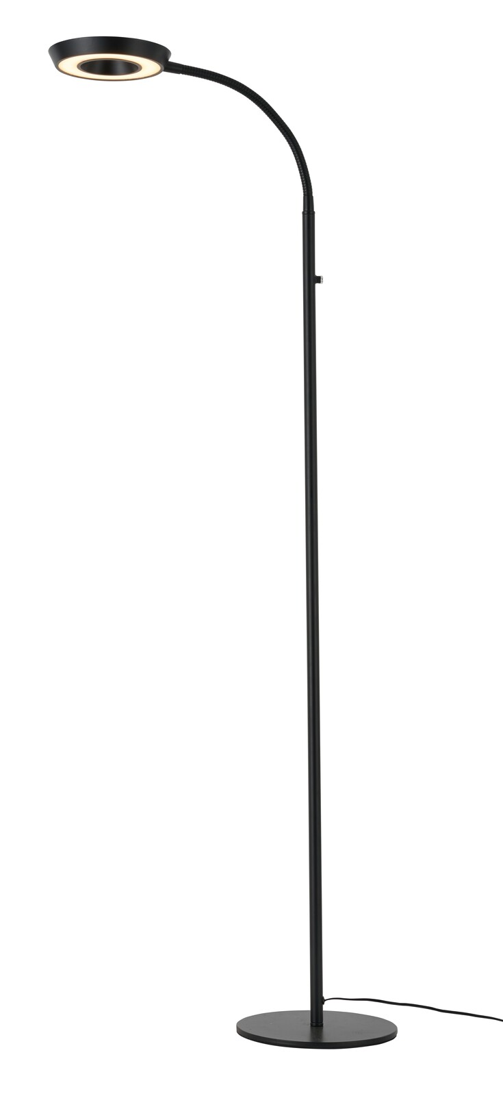 Schwarze LED-Steh- und Leseleuchte mit rundem Lampenschirm, flexiblem Hals und stabilem Standfuß, seitliche Perspektive.