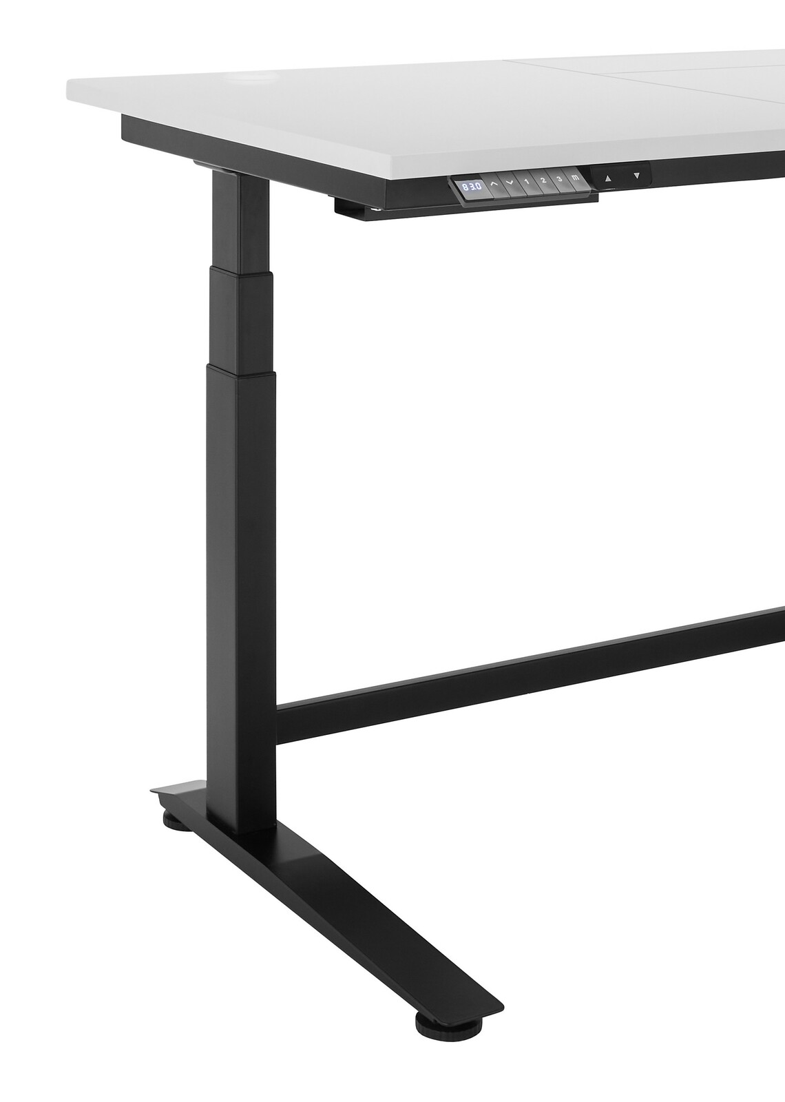 Moderner höhenverstellbarer E-Schreibtisch mit schwarzem Gestell und weißer Tischplatte, seitliche Perspektive