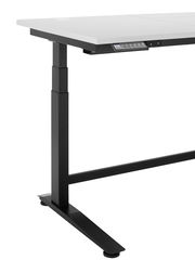 Moderner höhenverstellbarer E-Schreibtisch mit schwarzem Gestell und weißer Tischplatte, seitliche Perspektive