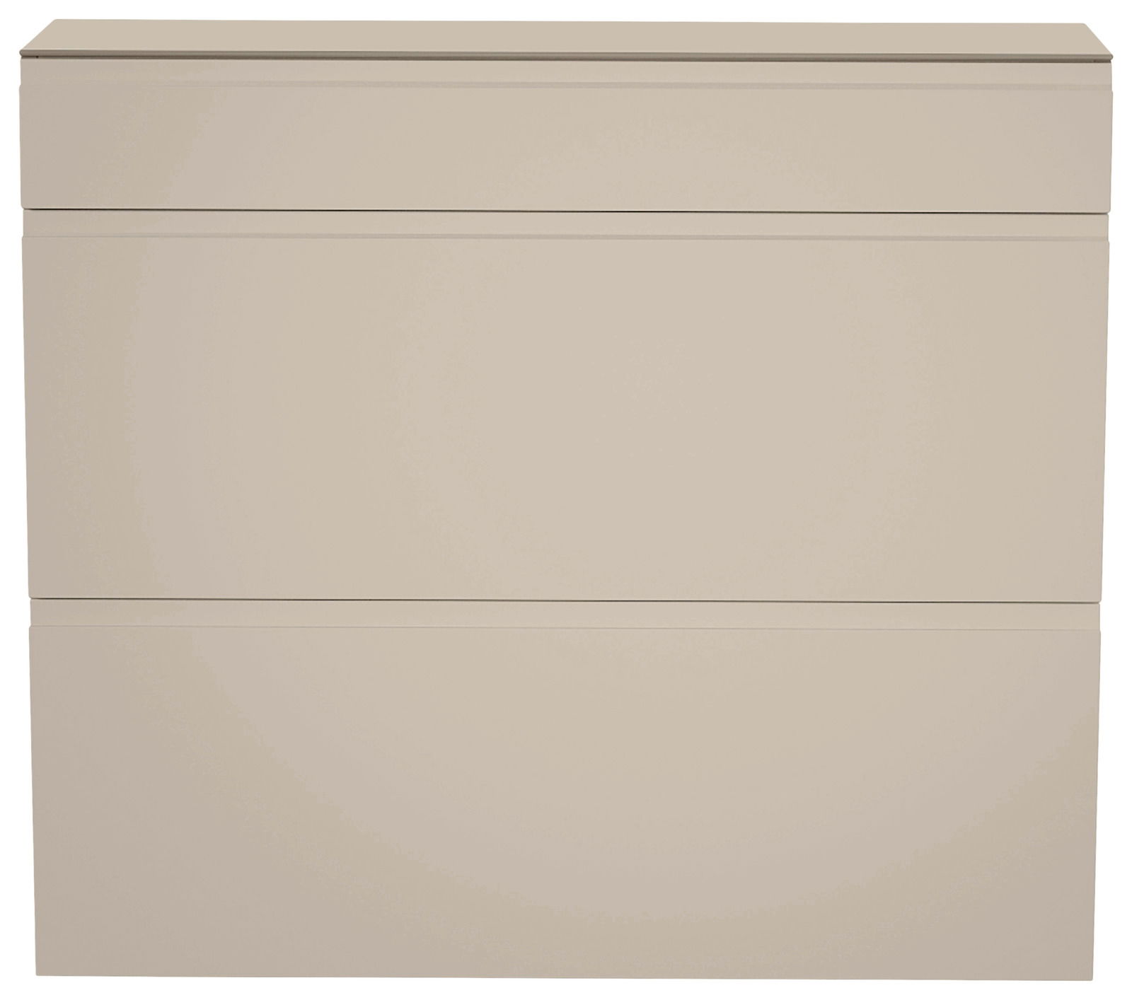 Hängeschuhschrank in Beige mit zwei Klappen und einer Schublade, frontale Ansicht