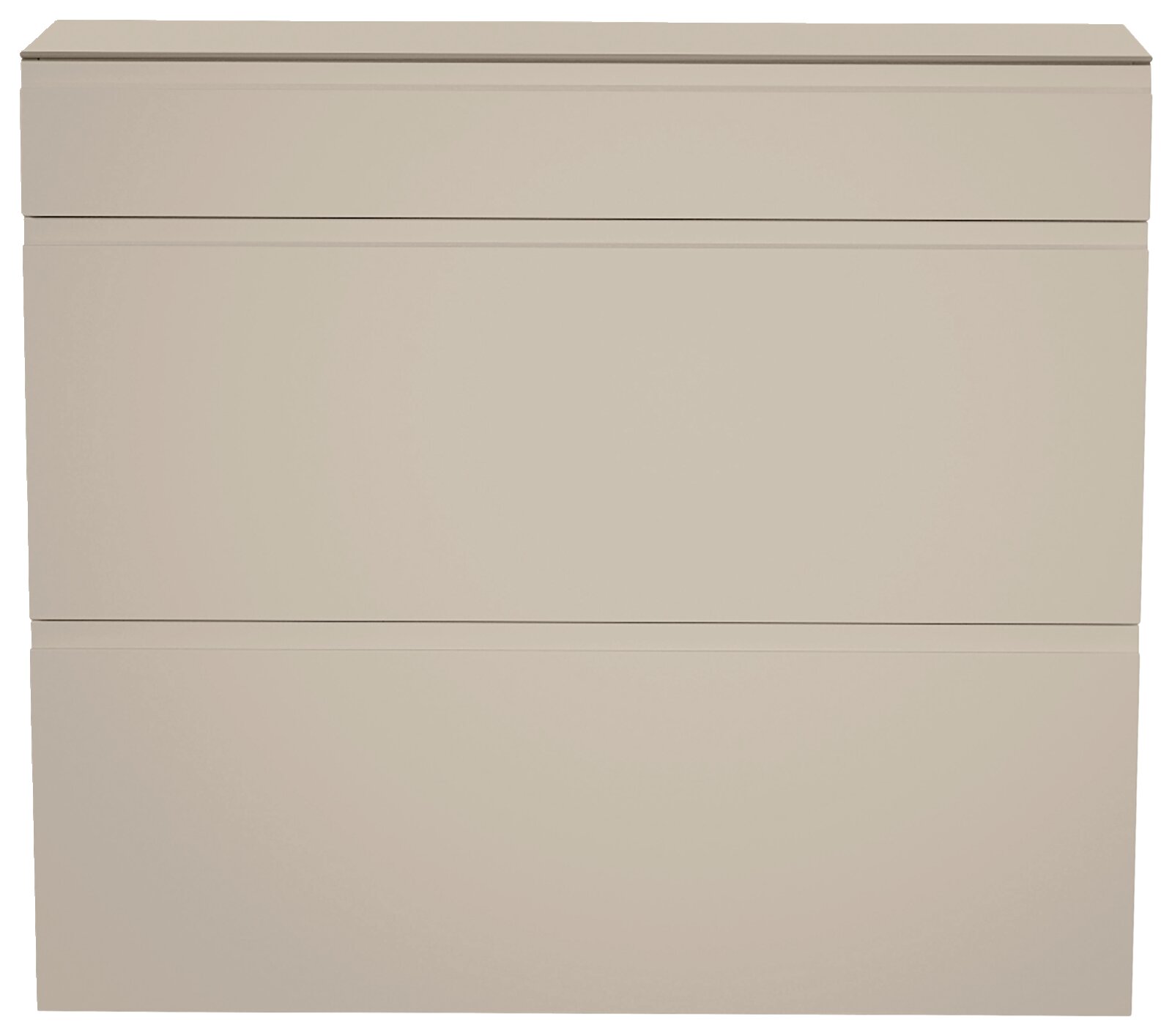Hangende schoenenkast in beige met twee kleppen en een lade, vooraanzicht