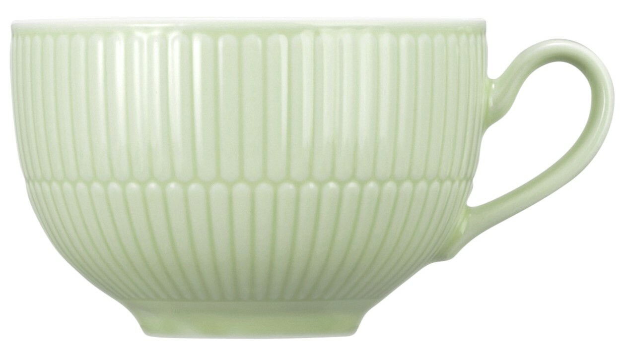 Seltmann Weiden Milchkaffeetasse AMINA Seitliche Ansicht einer hellgrünen Milchkaffeeobertasse mit geriffeltem Design und Henkel.