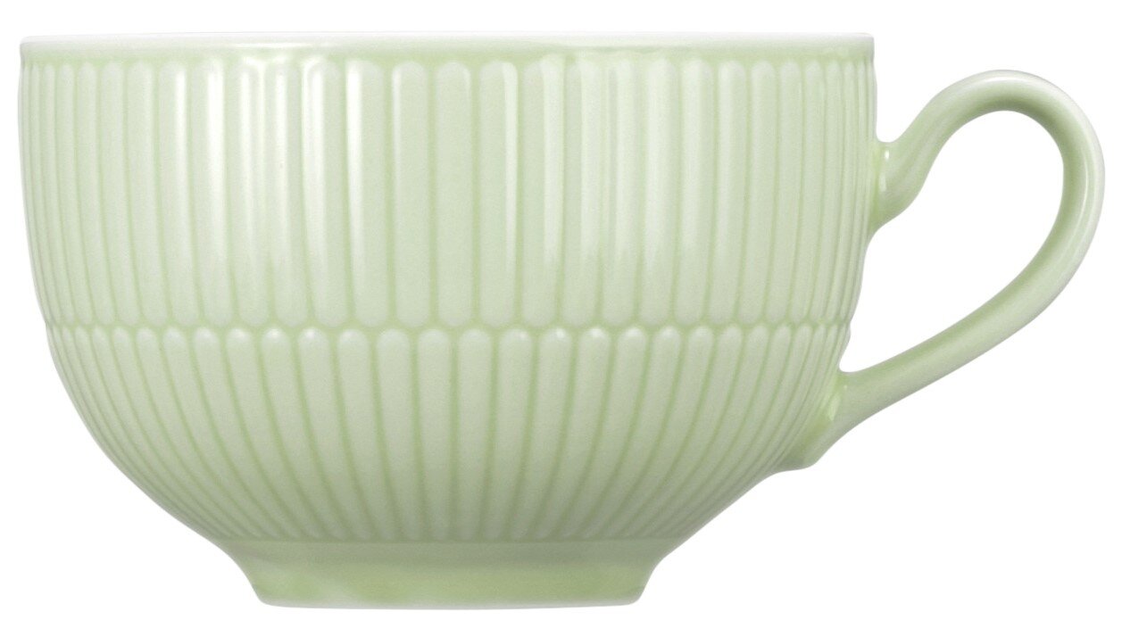 Seltmann Weiden Koffiekopje met melk AMINA Zijaanzicht van een lichtgroene koffiekop met geribbeld patroon en oor.