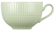 Zijaanzicht van een lichtgroene koffiekop met geribbeld patroon en oor.