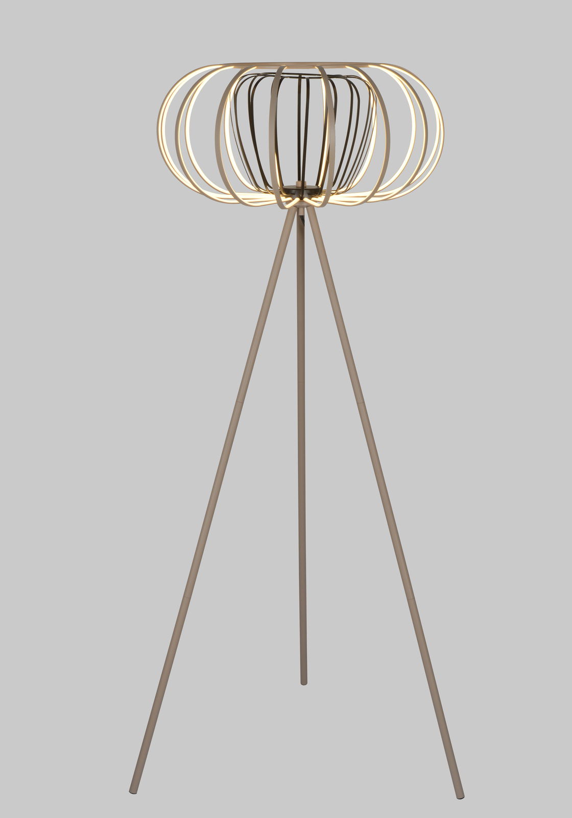 Moderne Stehleuchte mit dreibeinigem Stativ und dekorativem, ringförmigem Lampenschirm, seitliche Perspektive.