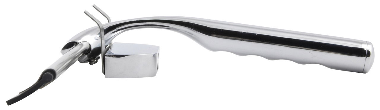 Seitliche Ansicht eines Duschabziehers mit ergonomischem Griff und glänzender Metalloberfläche.