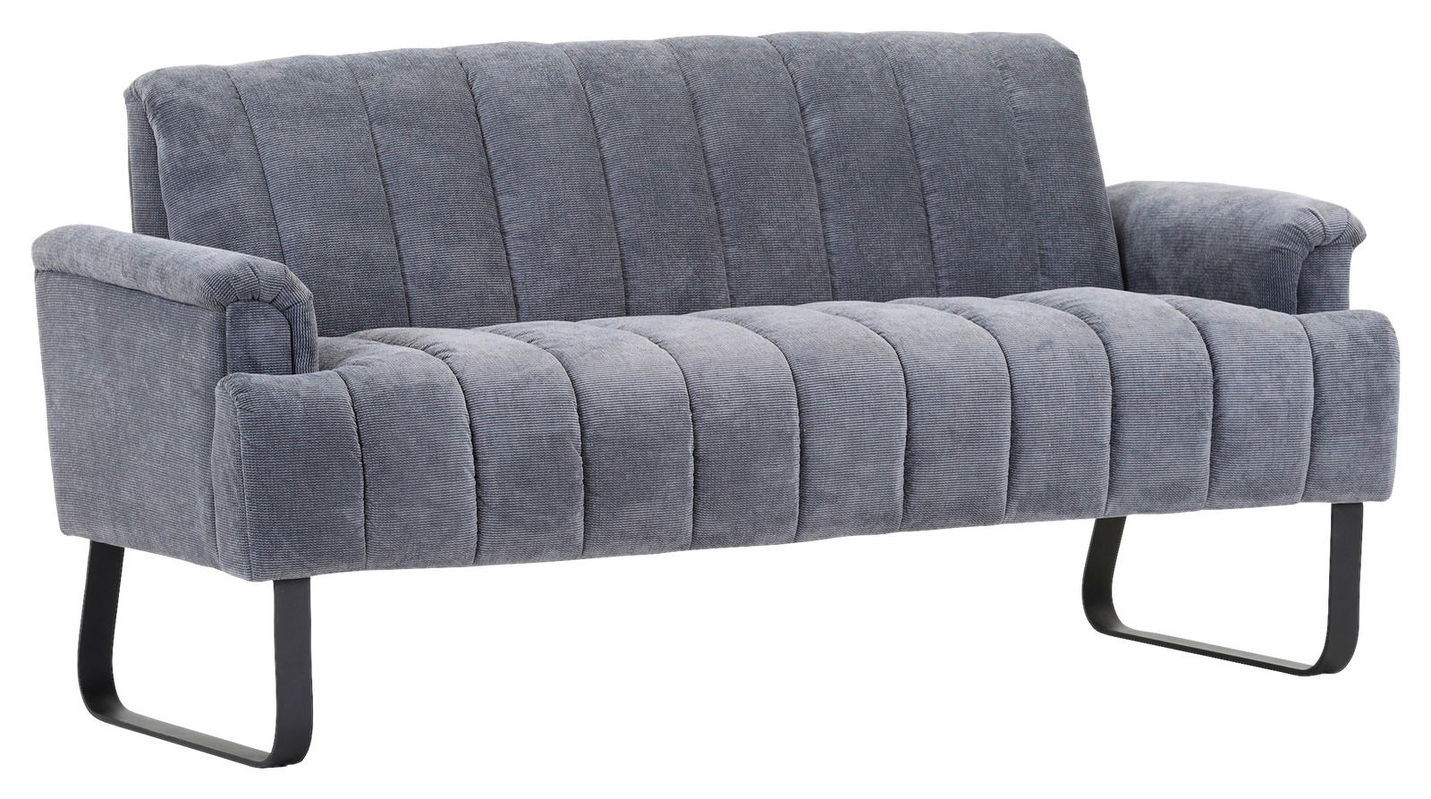 Novel 2er-Sitzbank LAILA Graue 2er-Sitzbank mit gestepptem Stoffbezug und schwarzen Metallbeinen, seitliche Perspektive
