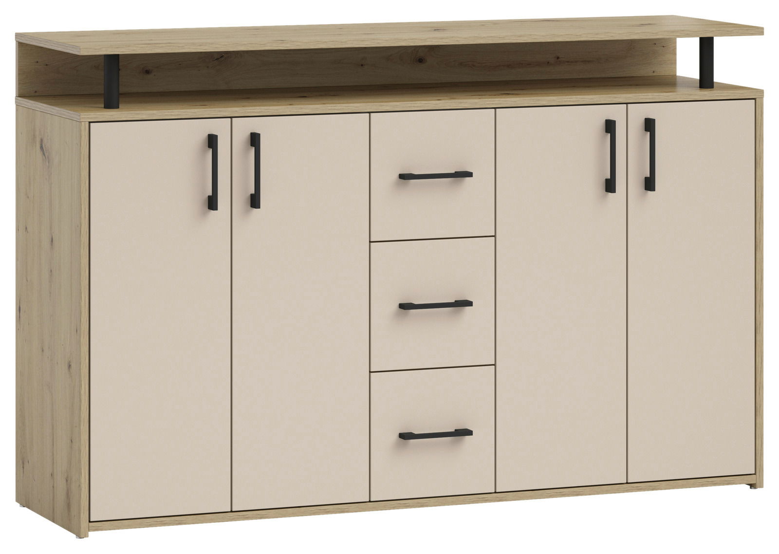 Modernes Sideboard mit Holzoptik und cremefarbenen Türen, frontal betrachtet