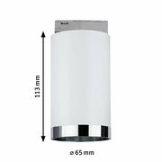 Zylindrischer Schienenspot Tube von PAULMANN in Weiß mit silbernem Rand, Ansicht von der Seite, Höhe 113 mm, Durchmesser 65 mm.