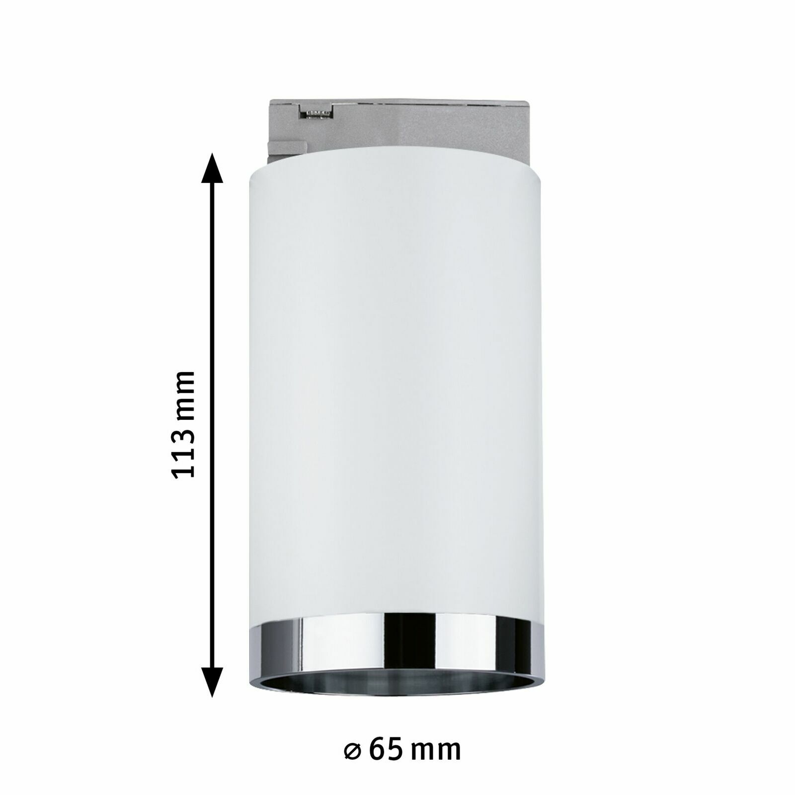 Zylindrischer Schienenspot Tube von PAULMANN in Weiß mit silbernem Rand, Ansicht von der Seite, Höhe 113 mm, Durchmesser 65 mm.