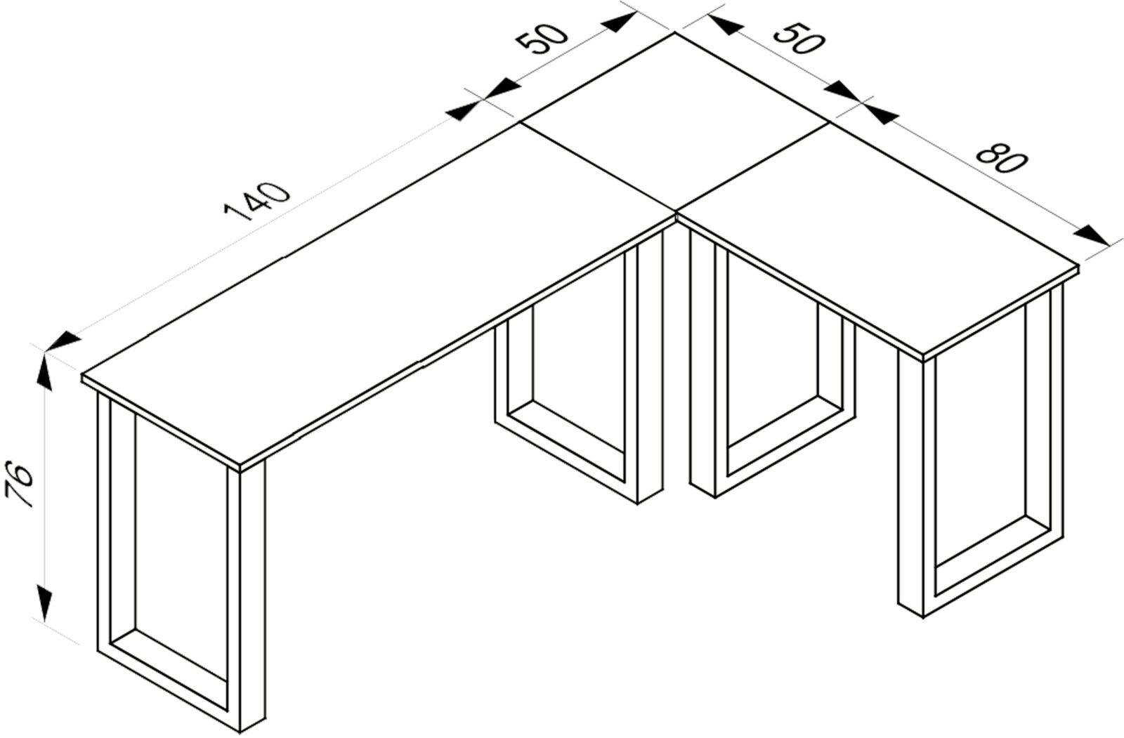 Isometrische Perspektive: L-förmiger Eckschreibtisch mit Maßangaben (Höhe 76 cm, Seitenlängen ca. 140 cm und 80 cm, 50-cm-Segmente an der Ecke) und Rahmenbeinen.