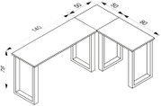 Isometrische Perspektive: L-förmiger Eckschreibtisch mit Maßangaben (Höhe 76 cm, Seitenlängen ca. 140 cm und 80 cm, 50-cm-Segmente an der Ecke) und Rahmenbeinen.