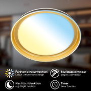 Ronde plafondlamp met goudkleurige rand, van onderaf gezien, met instelbare kleurtemperatuur, traploos dimlicht, nachtlichtfunctie en timer