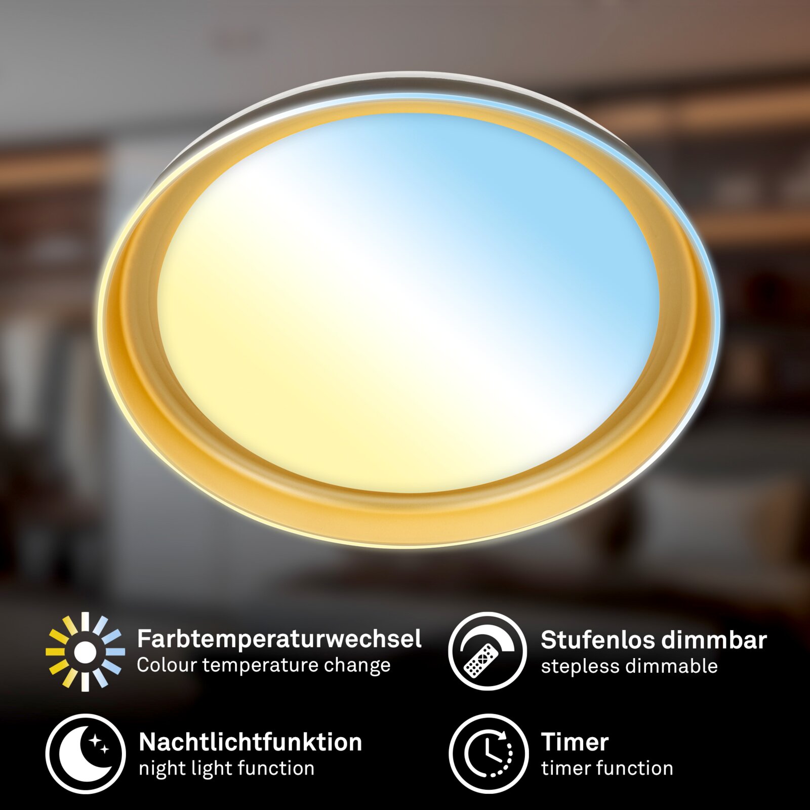 Ronde plafondlamp met goudkleurige rand, van onderaf gezien, met instelbare kleurtemperatuur, traploos dimlicht, nachtlichtfunctie en timer