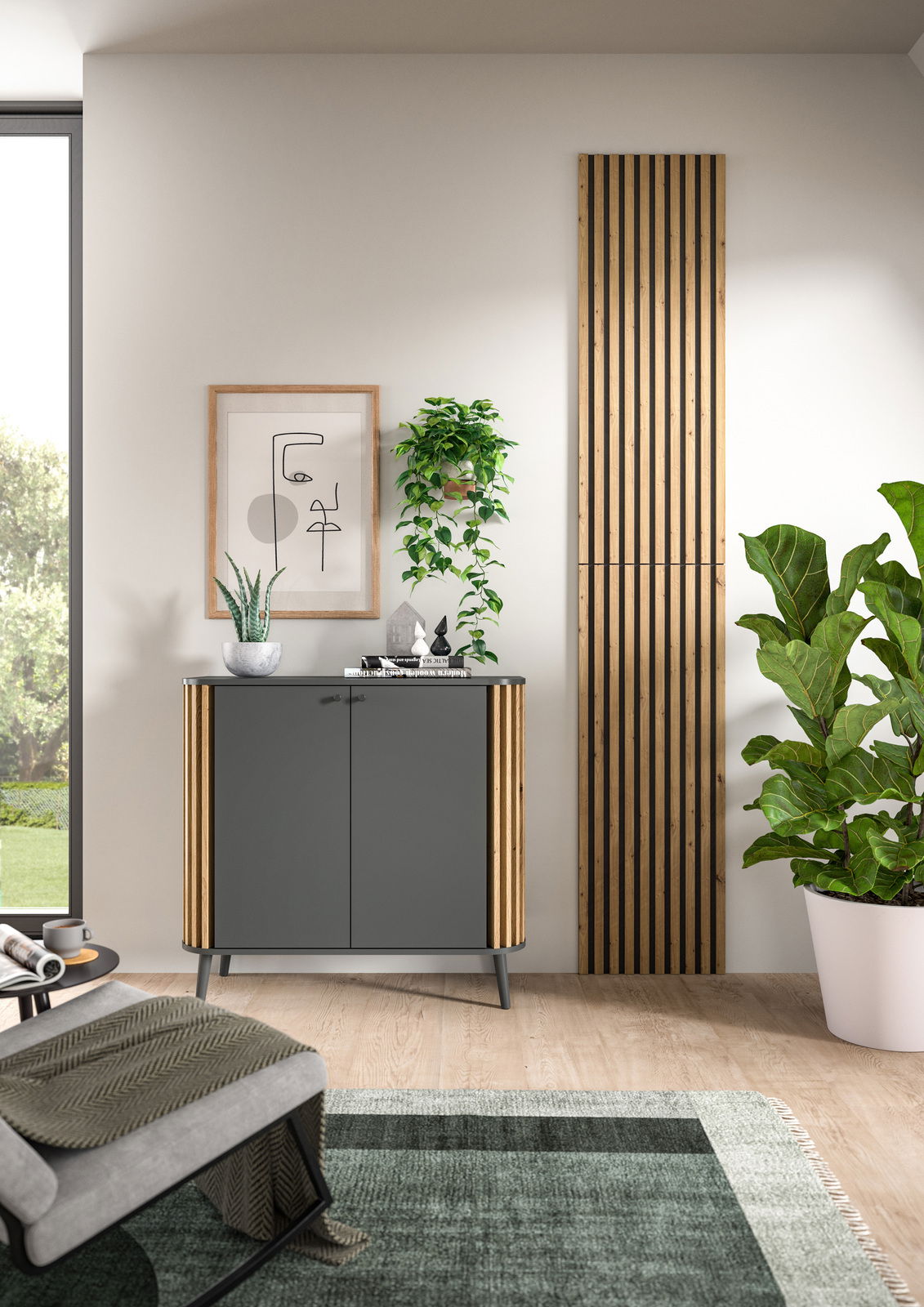 Akustikpaneel in moderner Inneneinrichtung, vertikale Perspektive