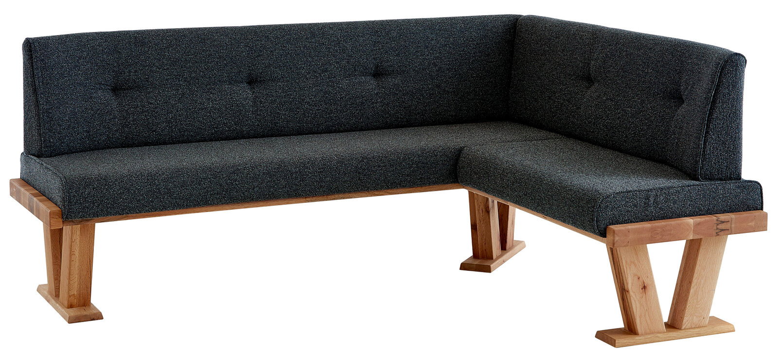 Eckbank mit dunkelgrauem Stoffbezug und Holzgestell, seitliche Perspektive