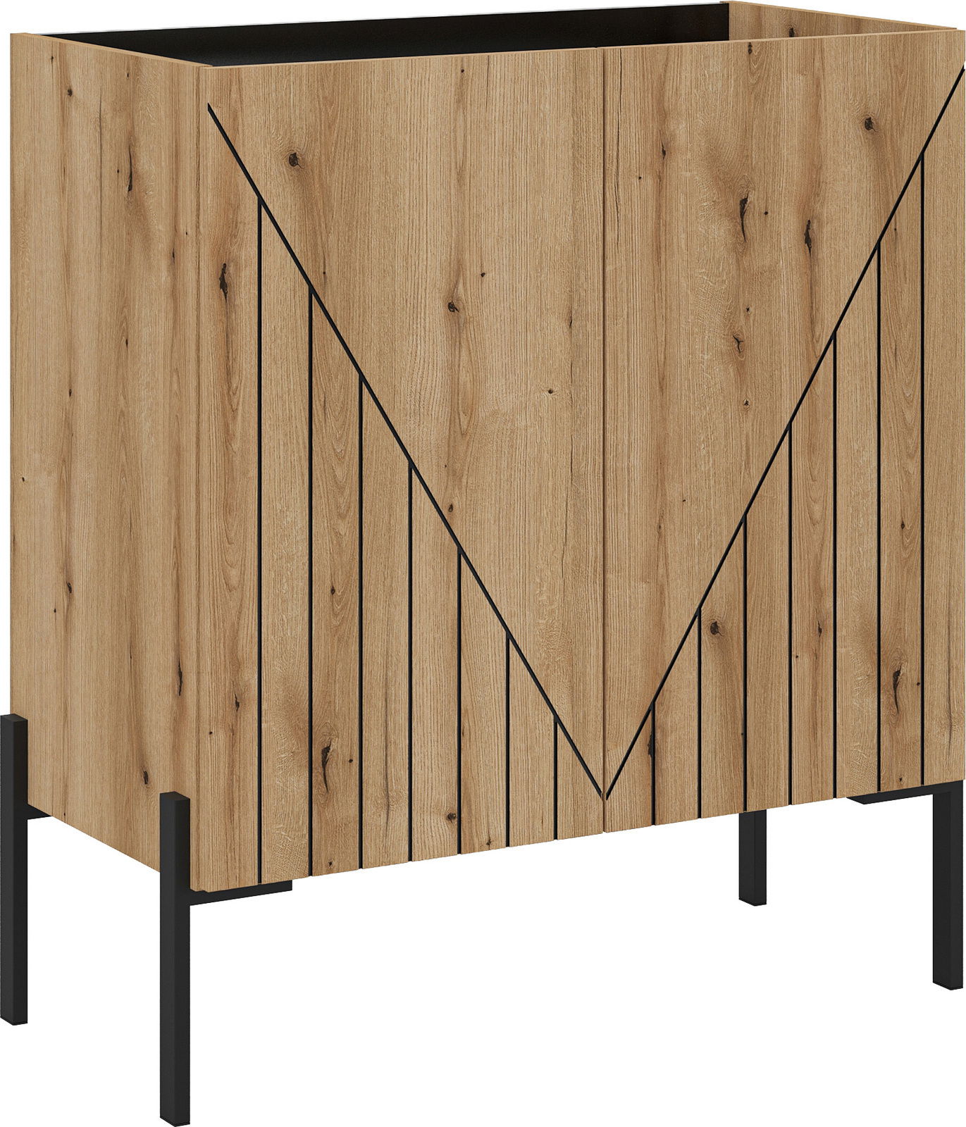 Moderne Kommode aus Holz mit geometrischem Muster, seitliche Perspektive