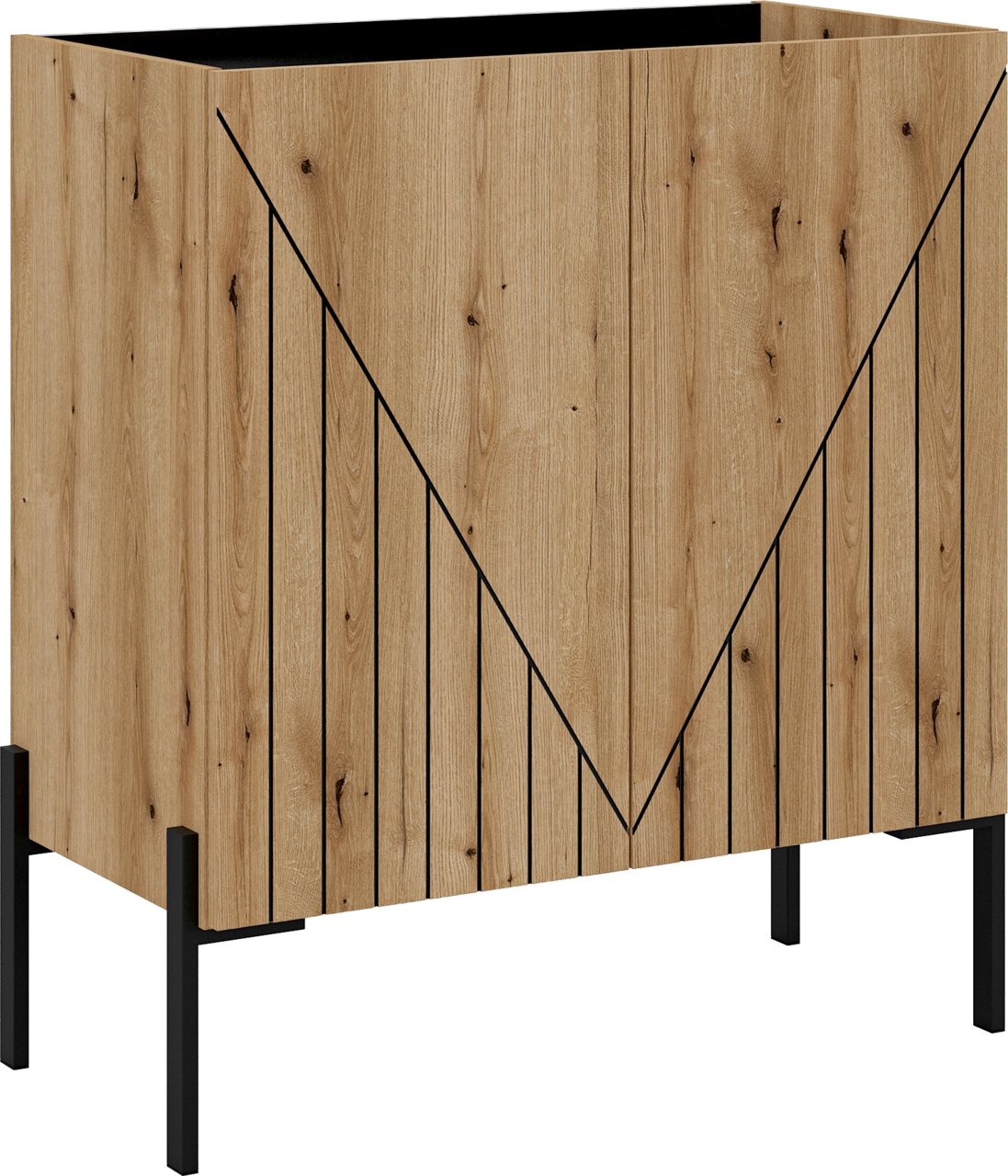 Moderne Kommode aus Holz mit geometrischem Muster, seitliche Perspektive