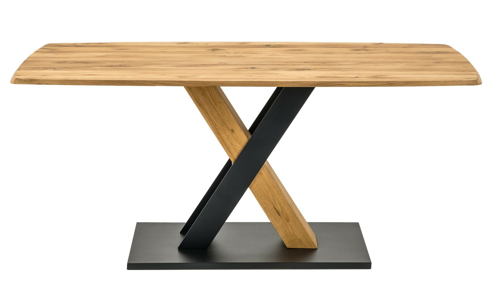 Moderner Esstisch mit Holztischplatte und gekreuztem Metallgestell, seitliche Perspektive.