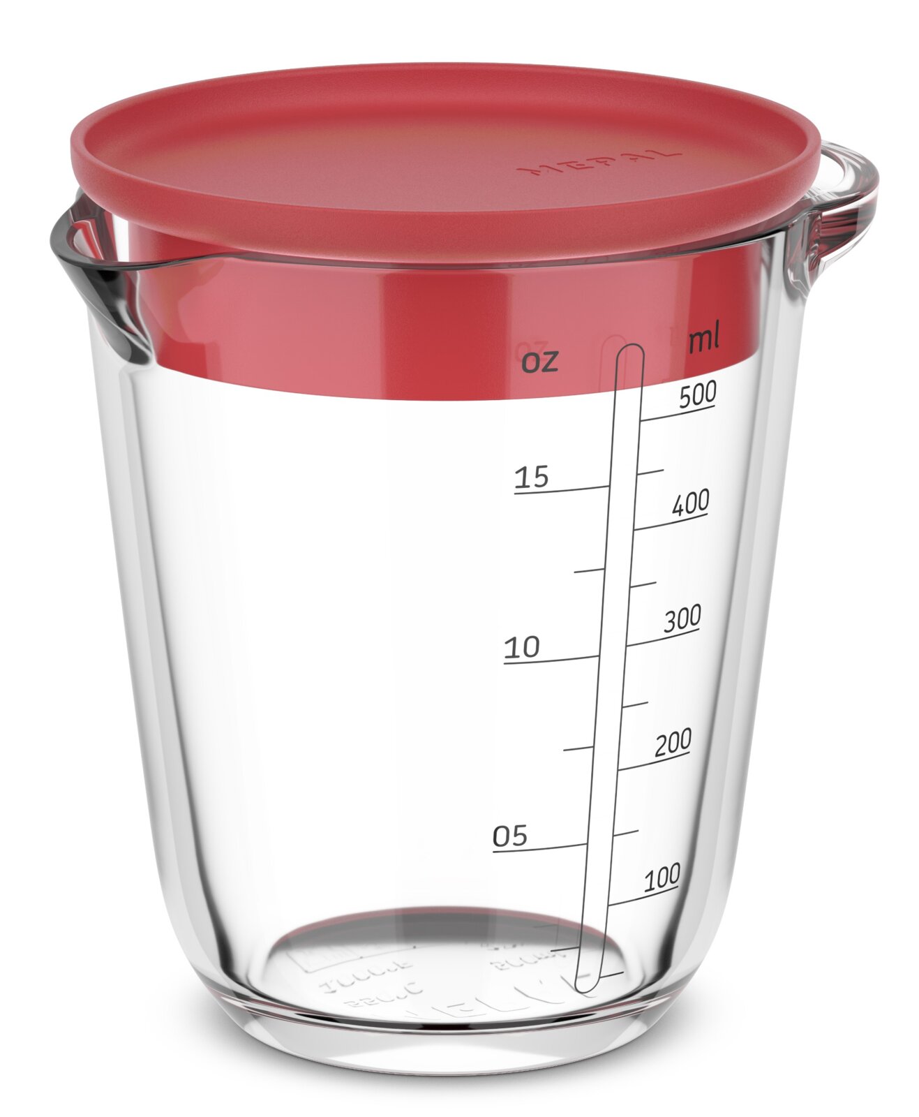 Glas-Messbecher mit rotem Deckel, 500 ml, seitliche Ansicht mit Messskala in Millilitern und Unzen.