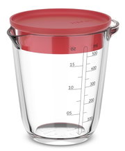 Glas-Messbecher mit rotem Deckel, 500 ml, seitliche Ansicht mit Messskala in Millilitern und Unzen.