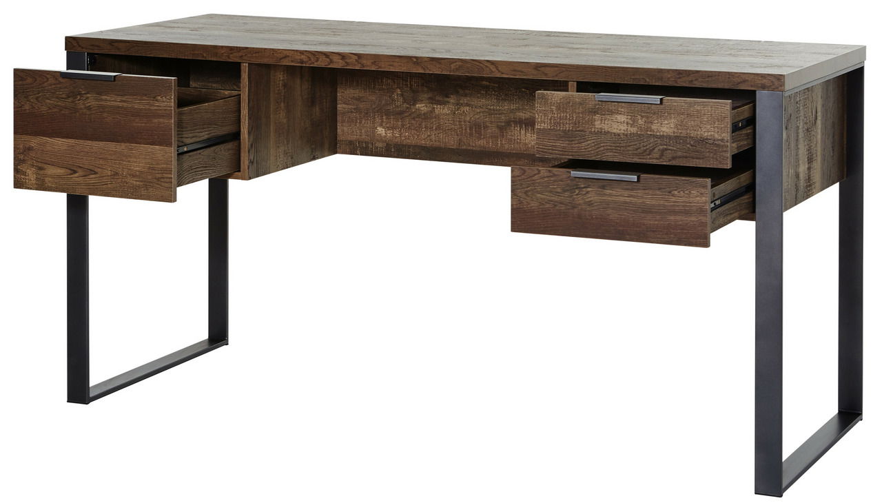 Moderner Schreibtisch aus Holz mit Metallbeinen, seitliche Perspektive, mehrere geöffnete Schubladen